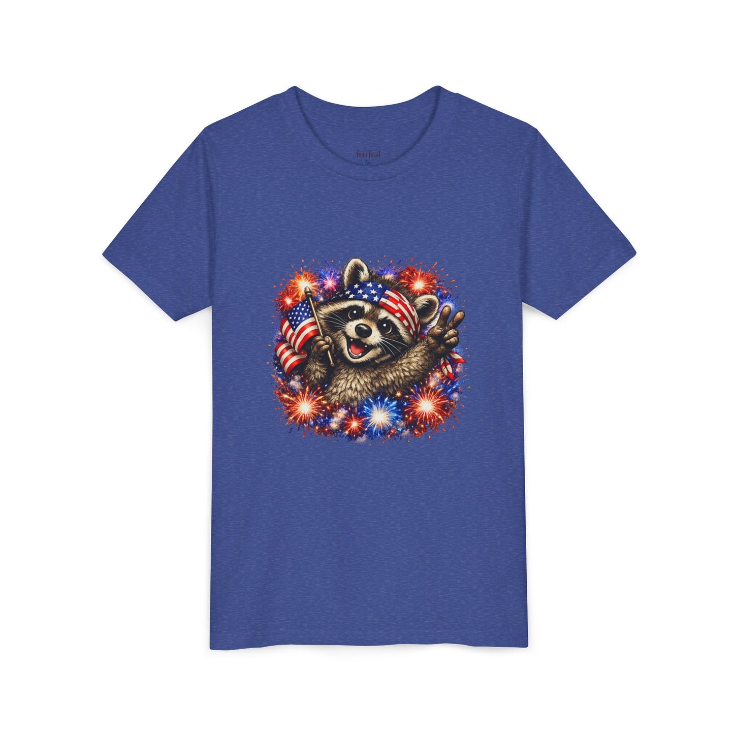 Patriotic Raccoon Youth Tee — Raccoon with American Flag & Fireworks