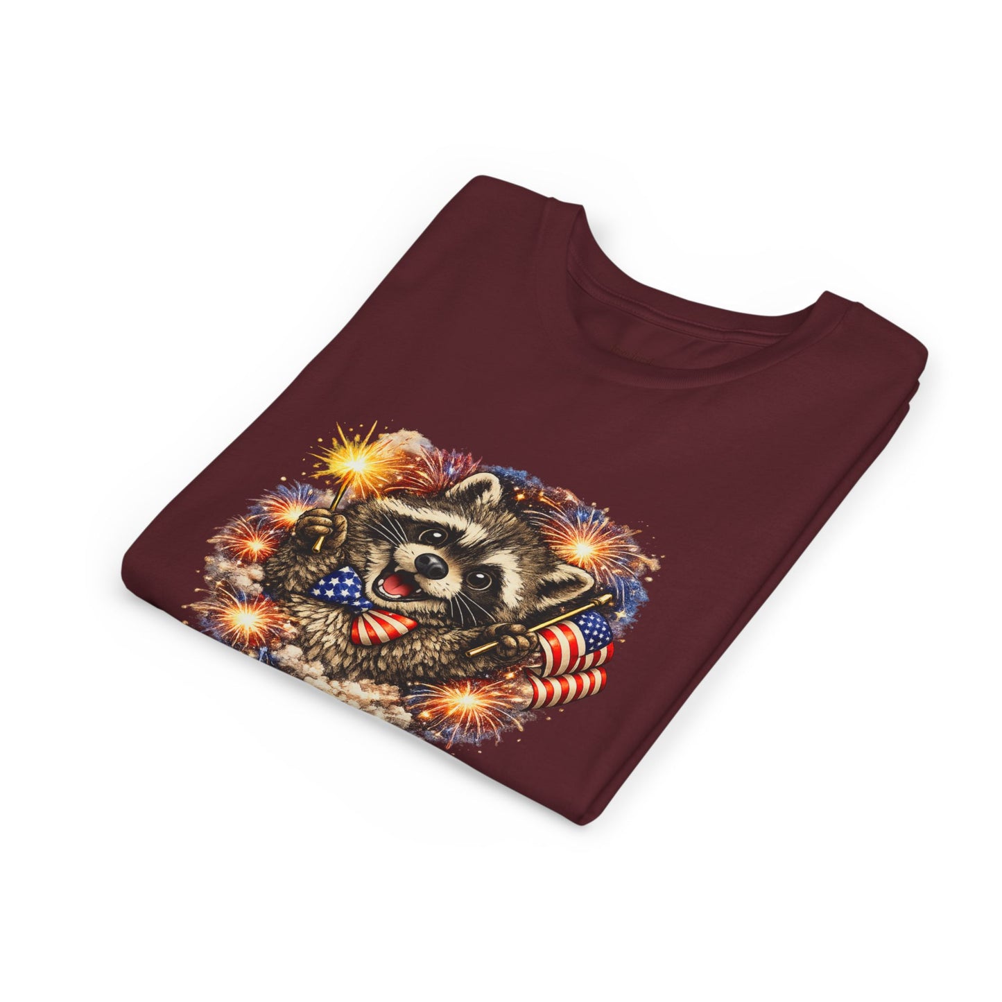 Patriotic Raccoon Youth Tee — Raccoon with American Flag & Fireworks