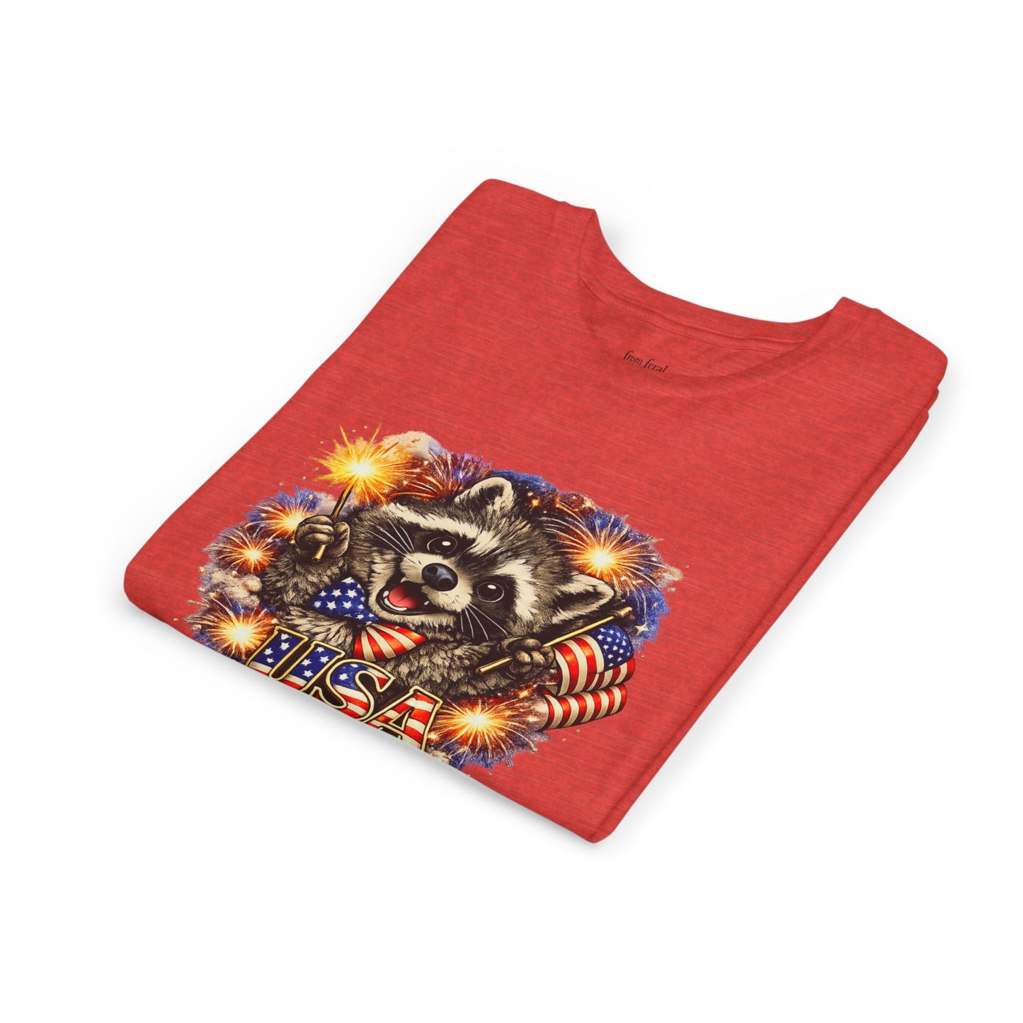 Patriotic Raccoon Youth Tee — Raccoon with American Flag & Fireworks