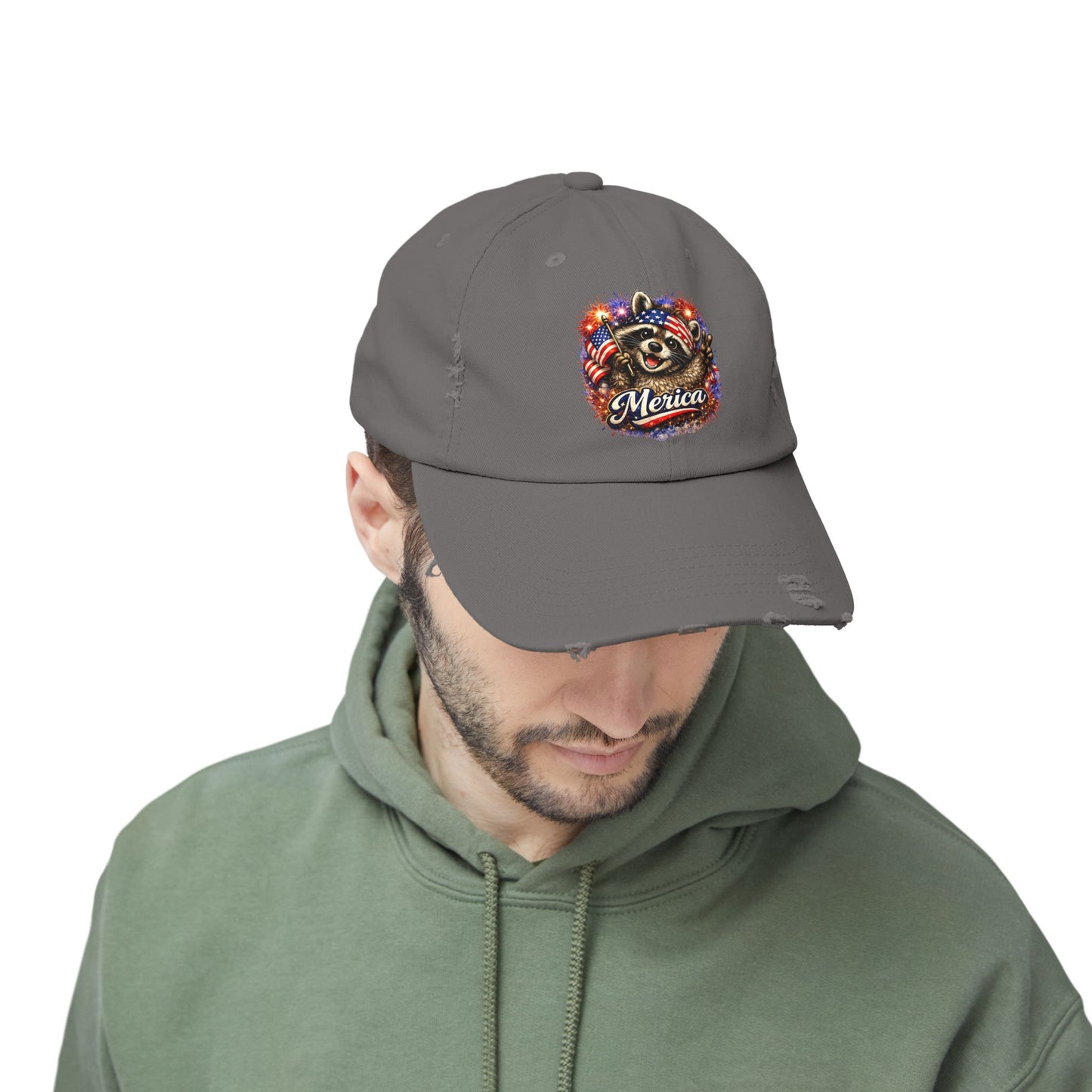 Patriotic Raccoon 250 Cap — Fireworks & Flag Distressed Baseball Hat