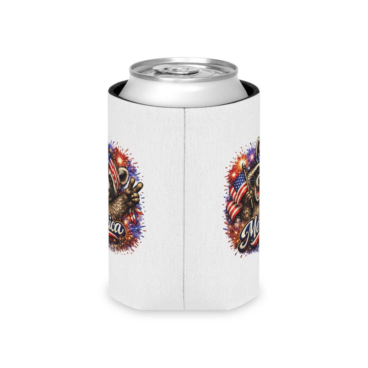 Patriotic Raccoon 250 Can Cooler – USA Flag, 4th of July Drink Koozie