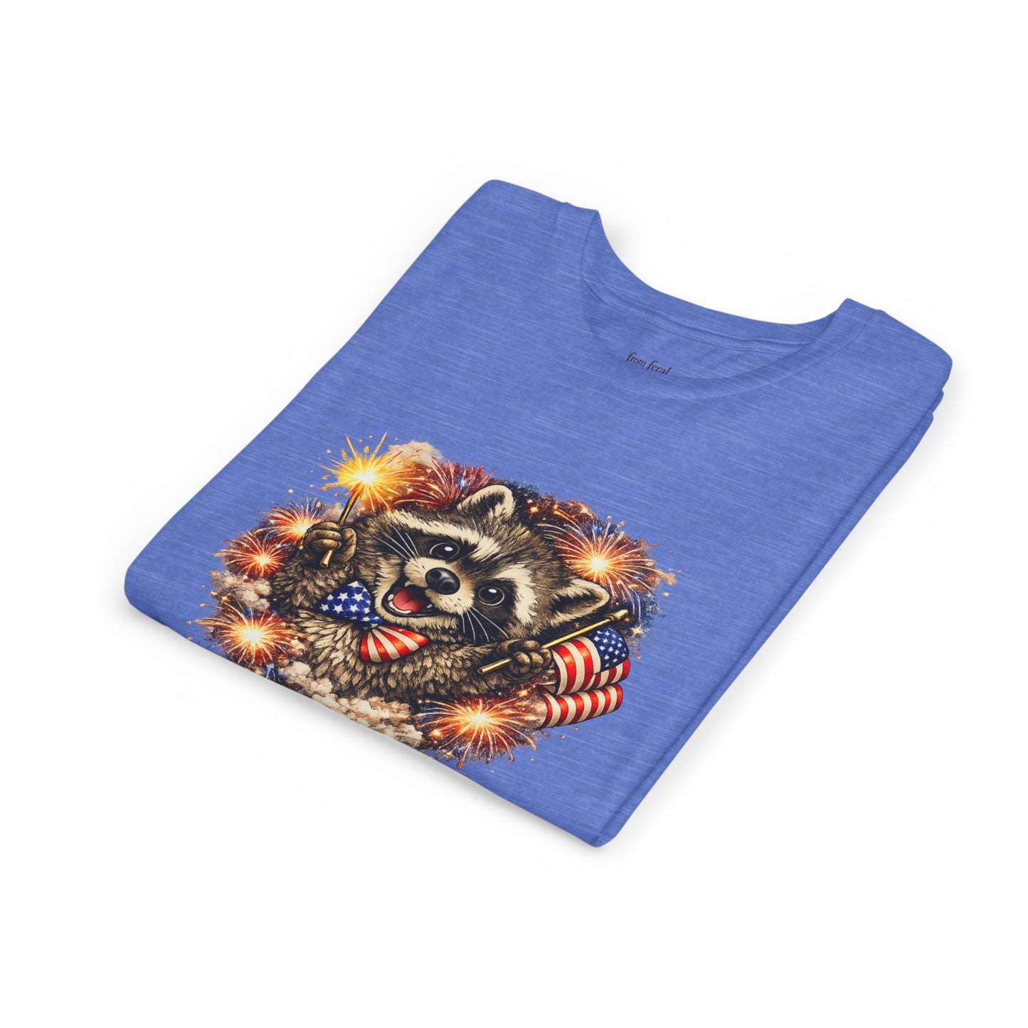 Patriotic Raccoon Youth Tee — Raccoon with American Flag & Fireworks