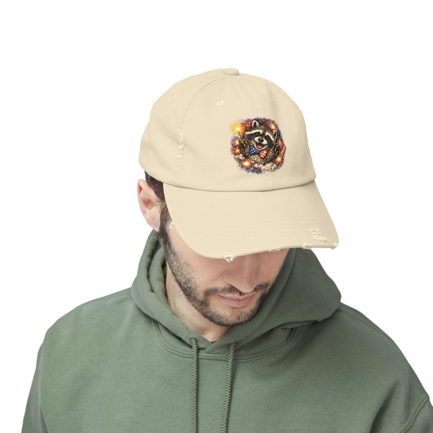 Patriotic Raccoon 250 Cap — Fireworks & Flag Distressed Baseball Hat