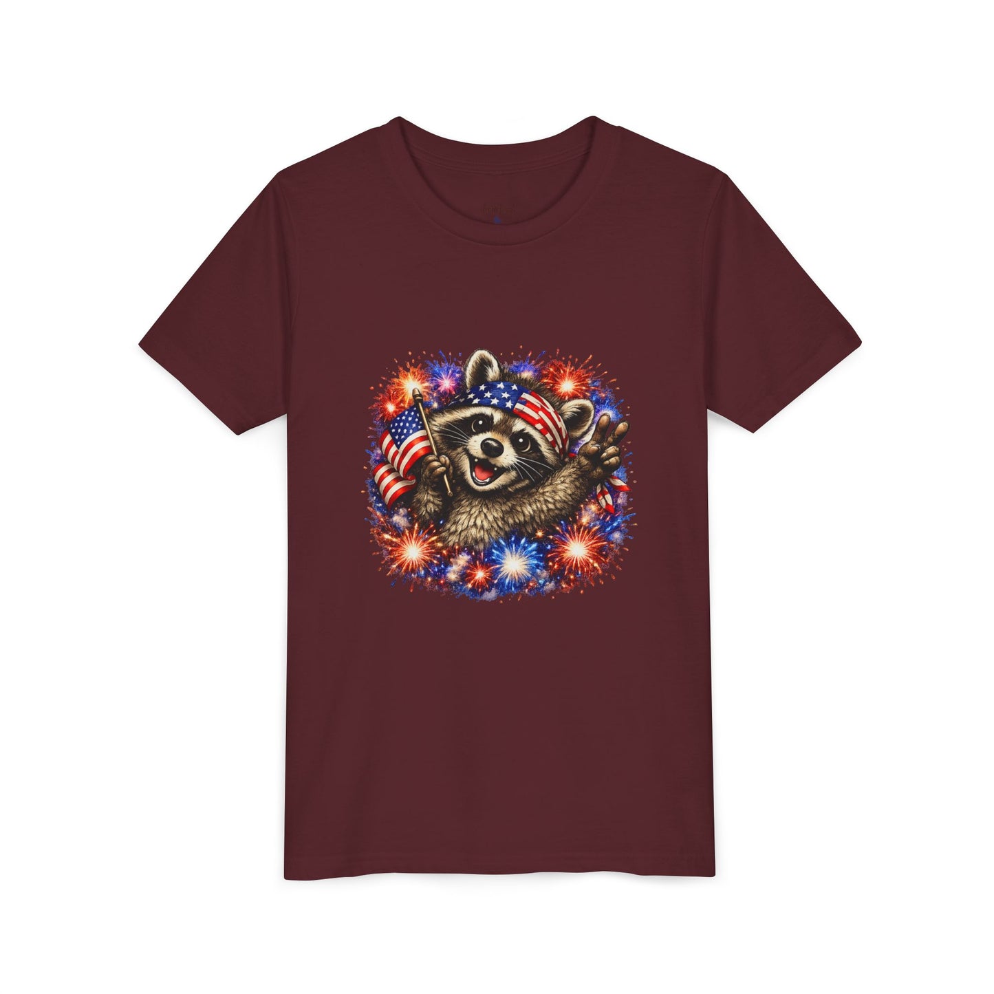 Patriotic Raccoon Youth Tee — Raccoon with American Flag & Fireworks