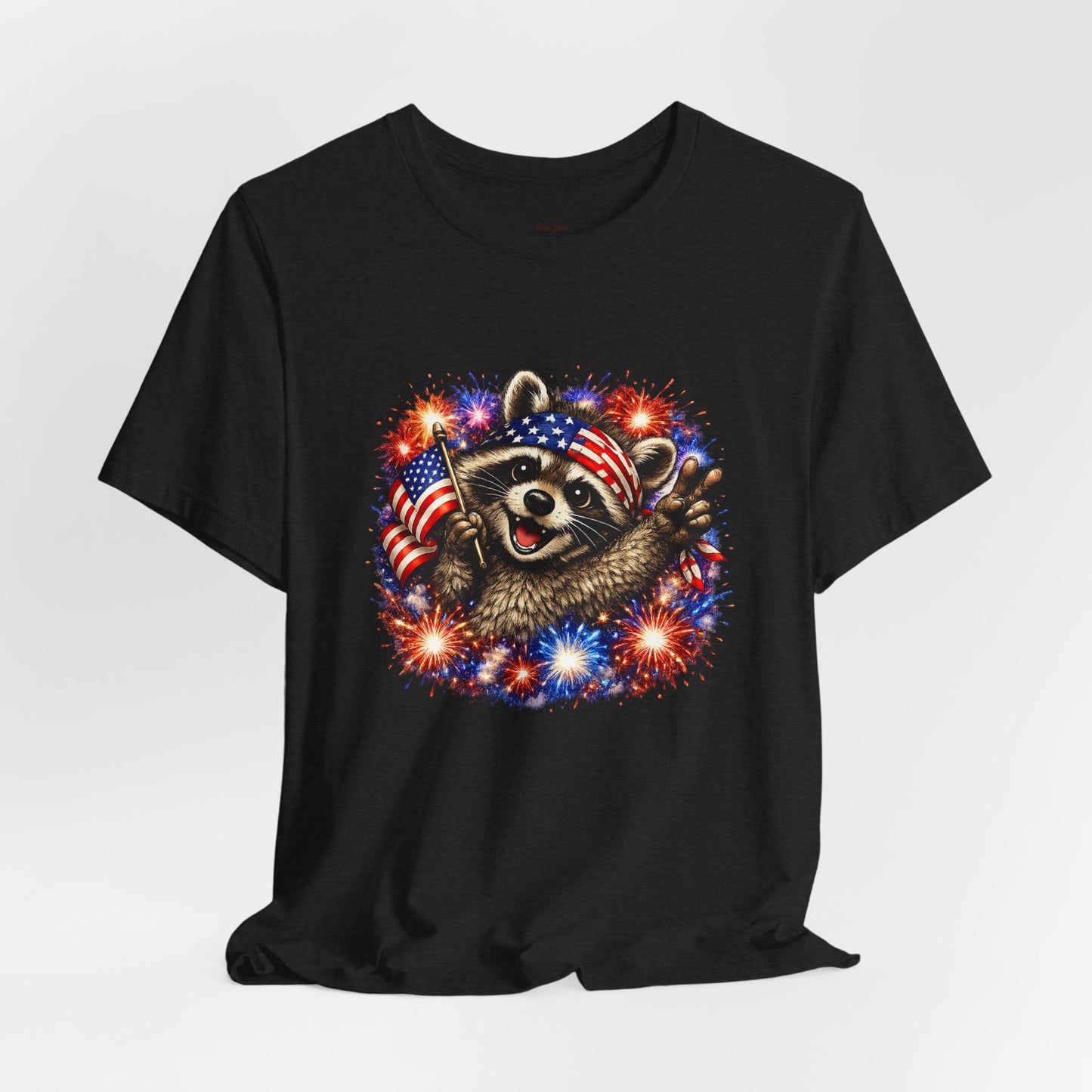 Patriot Raccoon 250th Anniversary T-Shirt — 4th of July Fireworks Flag Tee