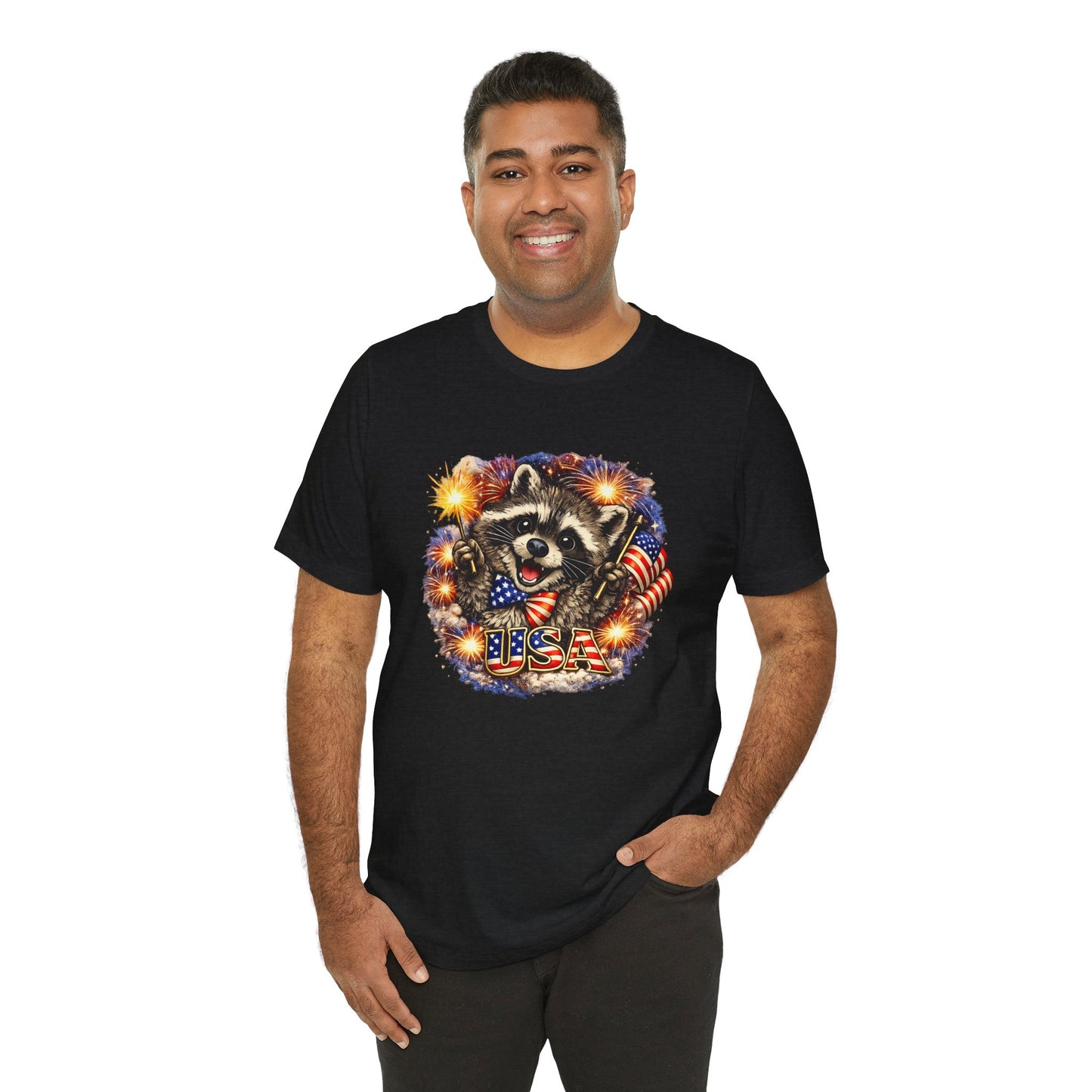 Patriot Raccoon 250th Anniversary T-Shirt — 4th of July Fireworks Flag Tee