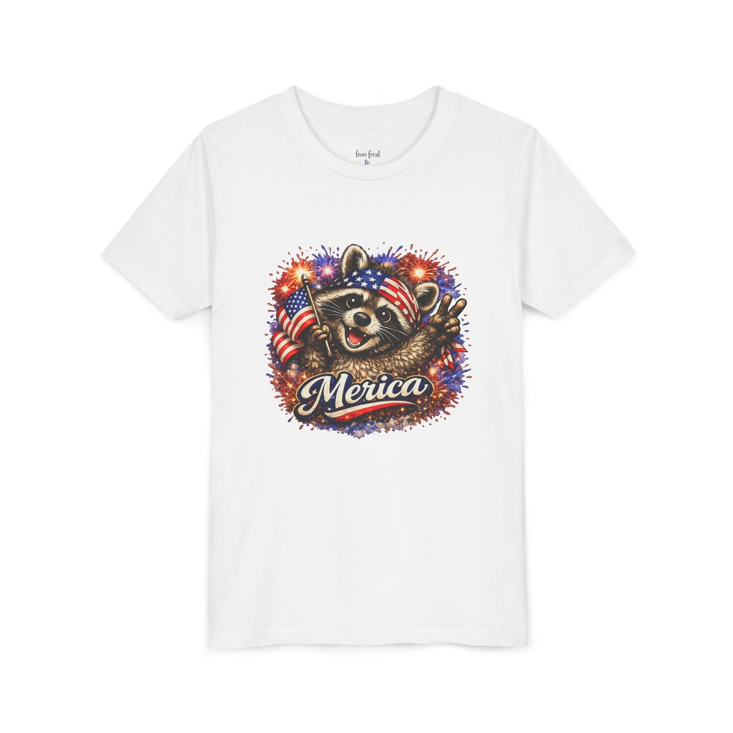 Patriotic Raccoon Youth Tee — Raccoon with American Flag & Fireworks