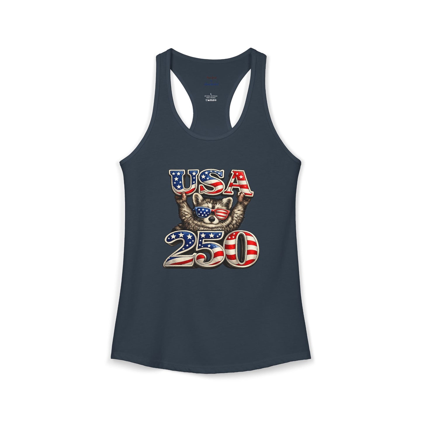 Patriotic Raccoon 4th of July Tank — Raccoon on 250 with Flag & Fireworks Racerback Tank