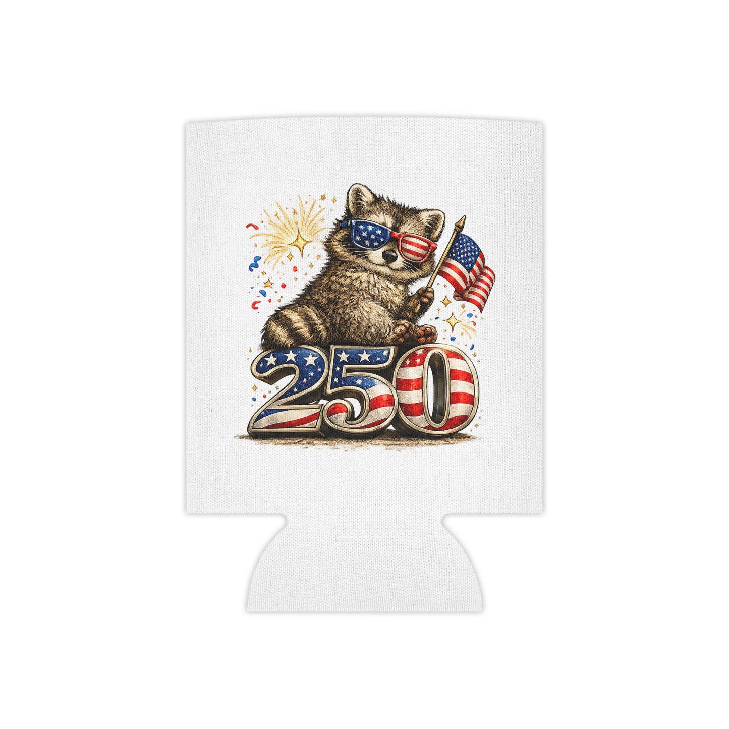 Patriotic Raccoon 250 Can Cooler – USA Flag, 4th of July Drink Koozie