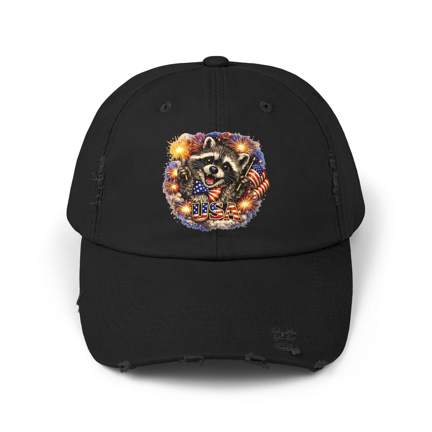 Patriotic Raccoon 250 Cap — Fireworks & Flag Distressed Baseball Hat