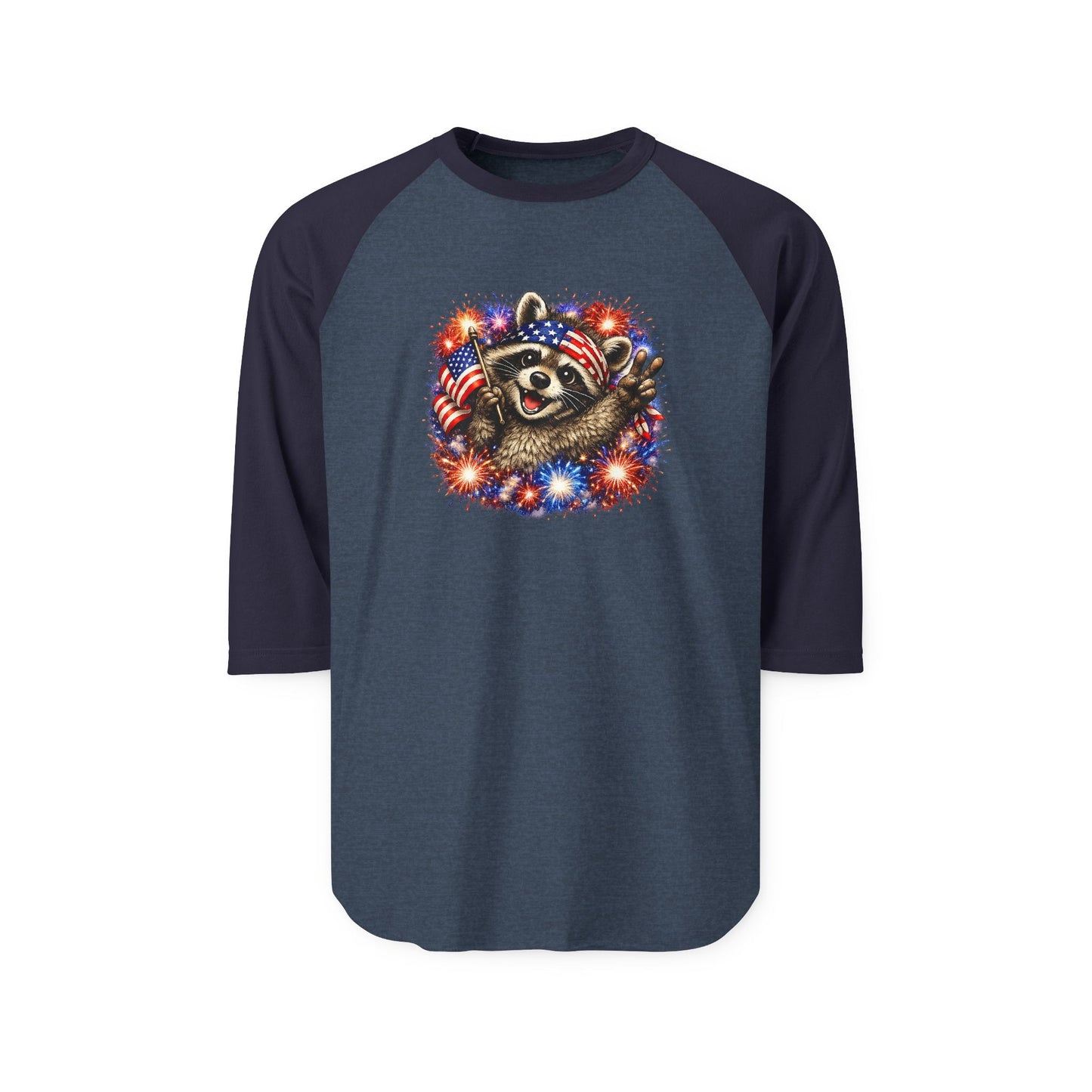 Patriotic Raccoon 250 Raglan Shirt — Fourth of July Fireworks Tee