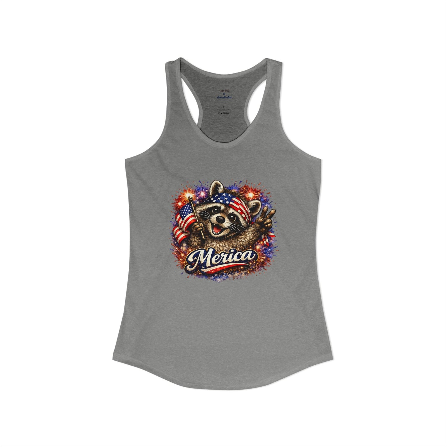 Patriotic Raccoon 4th of July Tank — Raccoon on 250 with Flag & Fireworks Racerback Tank