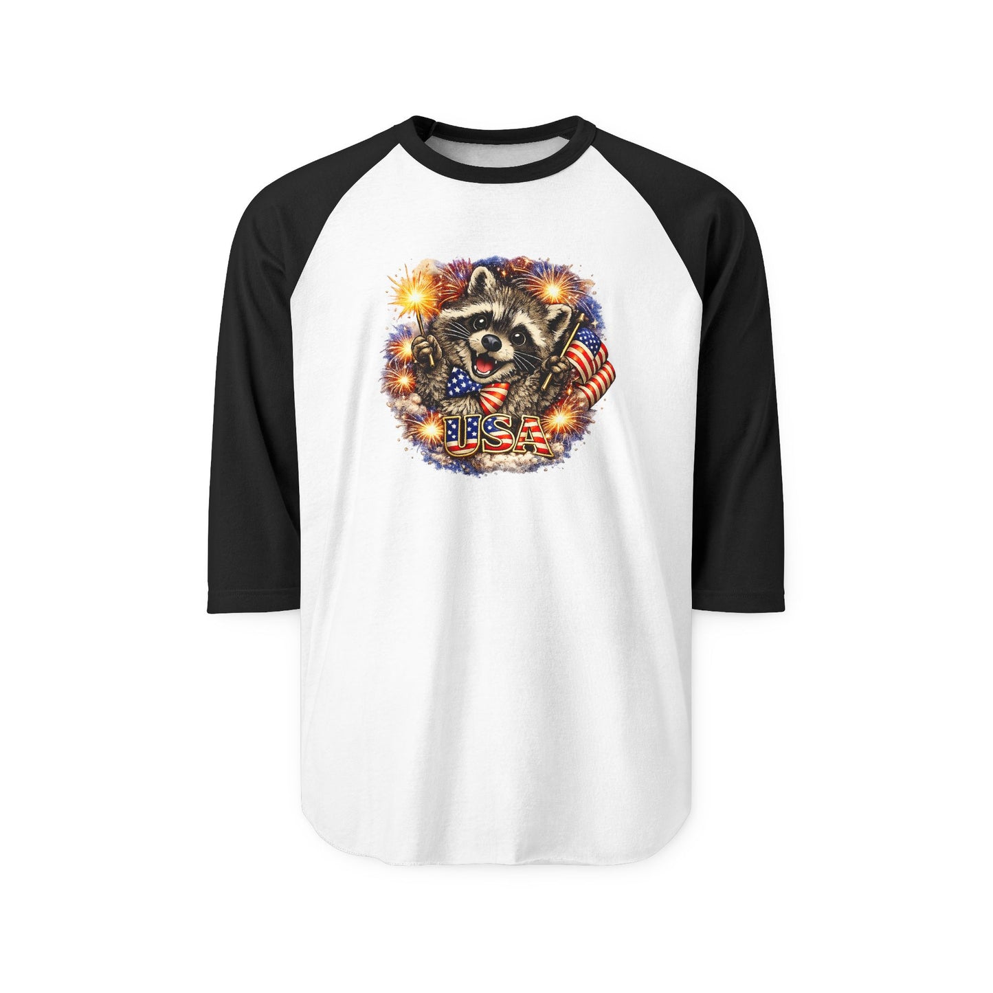 Patriotic Raccoon 250 Raglan Shirt — Fourth of July Fireworks Tee