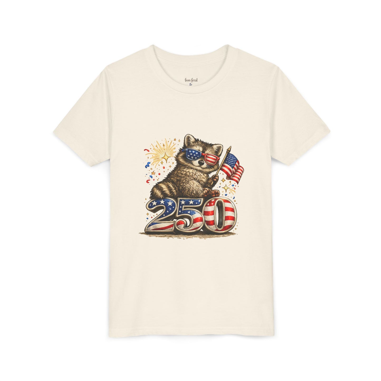 Patriotic Raccoon Youth Tee — Raccoon with American Flag & Fireworks
