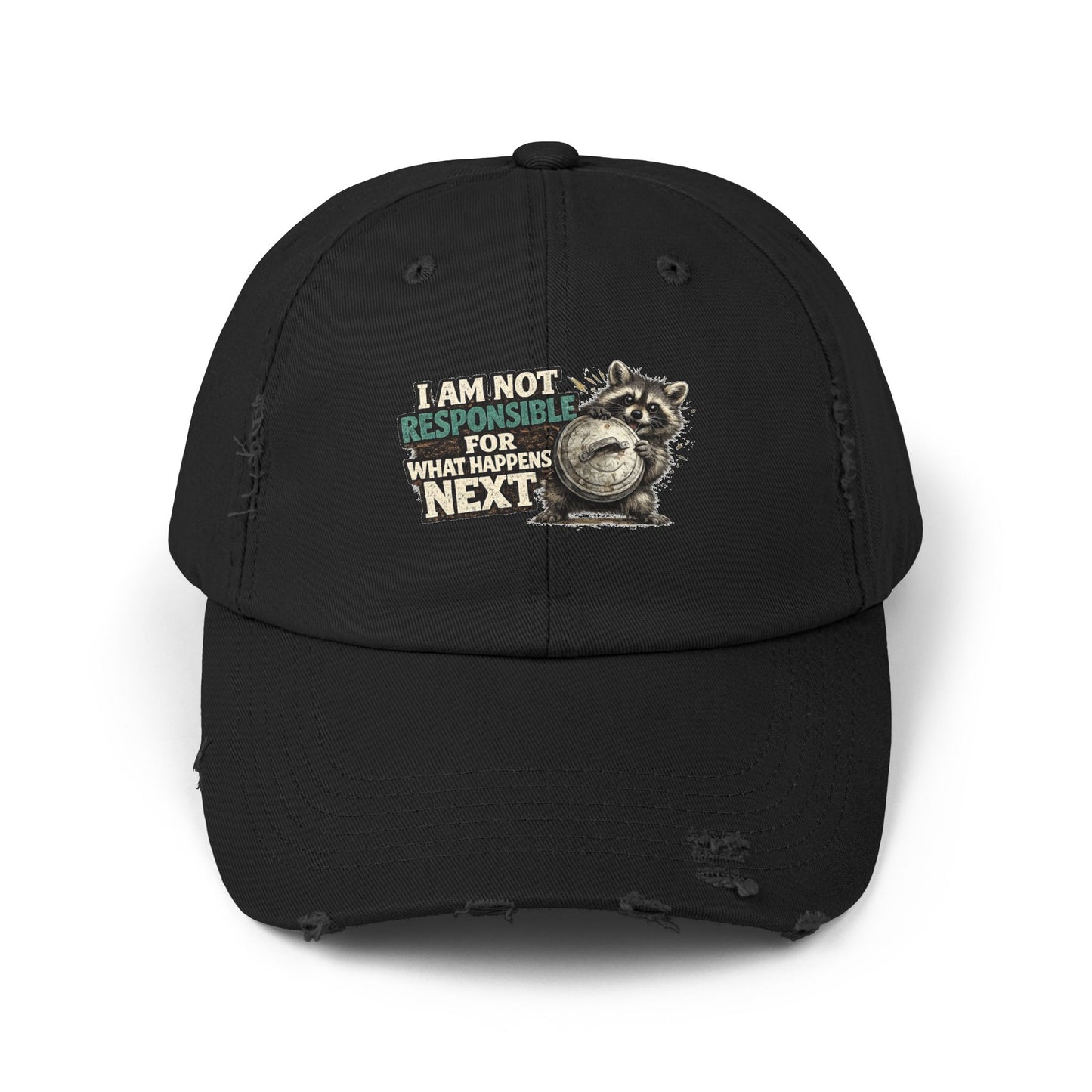 Not Responsible Distressed Cap — Raccoon Mom/Dad Funny Dad Hat