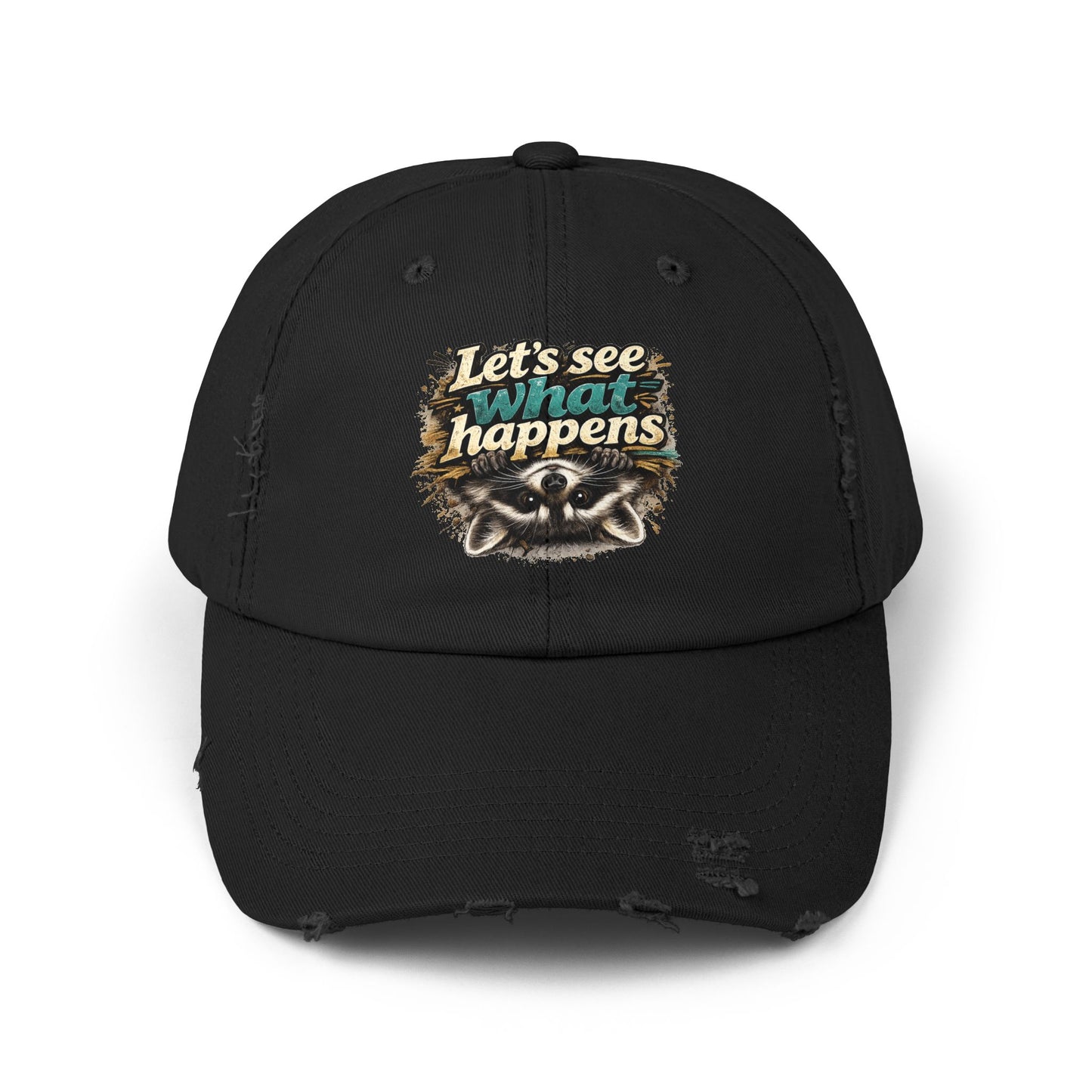 Let's See What Happens Distressed Cap — Raccoon Mom/Dad Funny Dad Hat