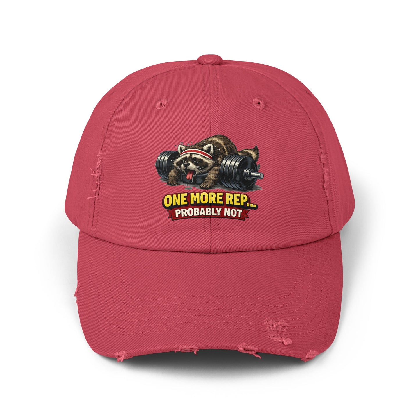 One More Rep Distressed Cap — Raccoon Mom/Dad Funny Dad Hat