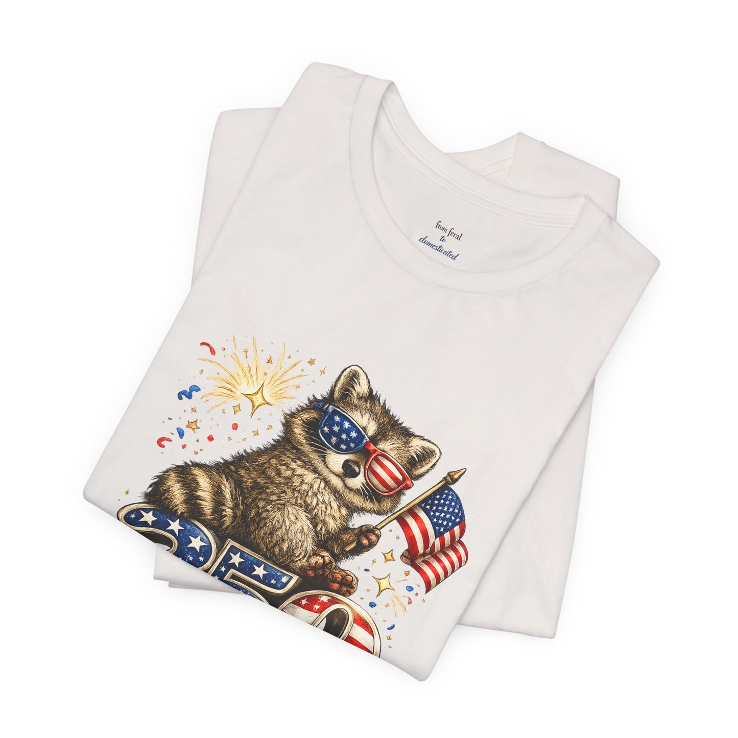 Patriot Raccoon 250th Anniversary T-Shirt — 4th of July Fireworks Flag Tee