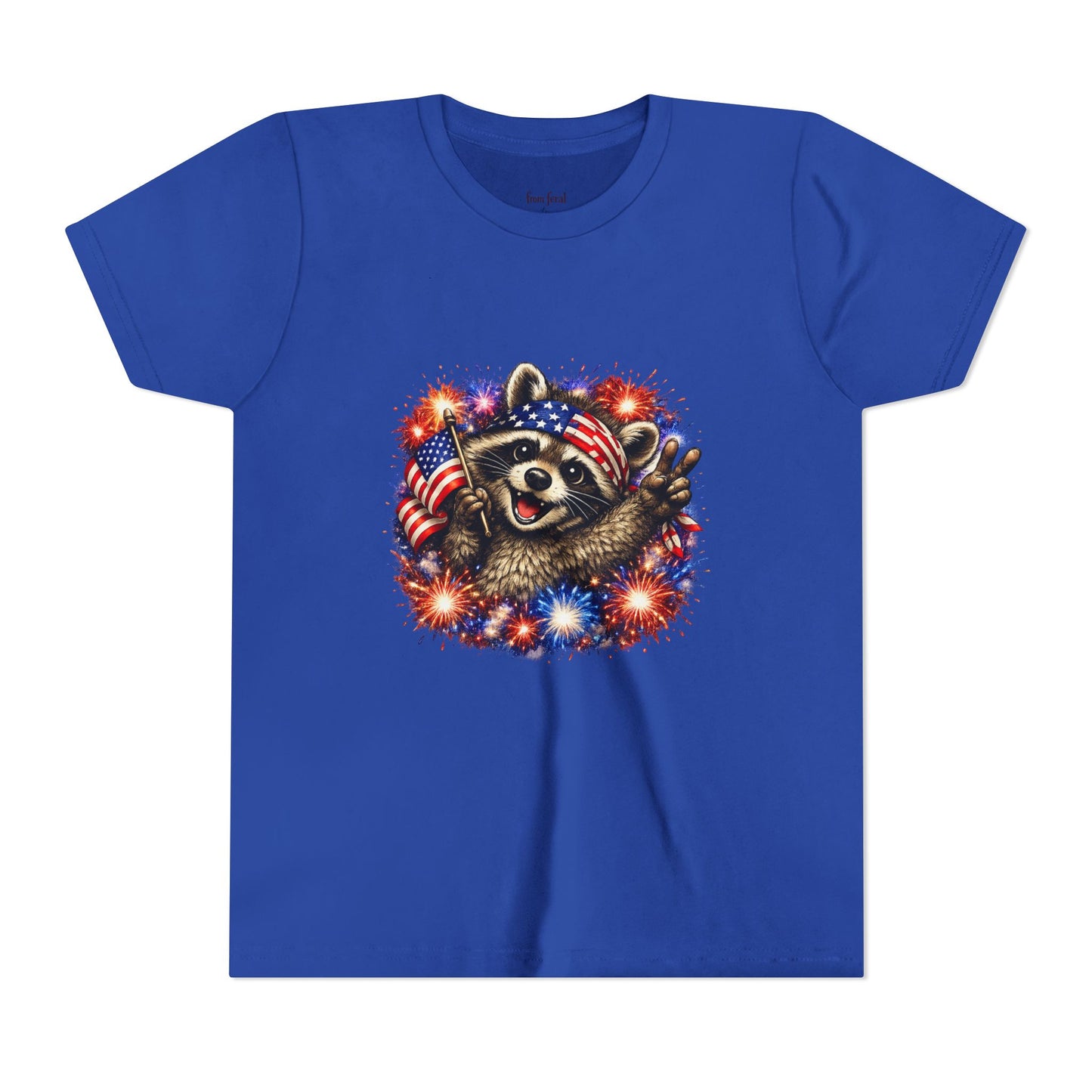 Patriotic Raccoon Youth Tee — Raccoon with American Flag & Fireworks
