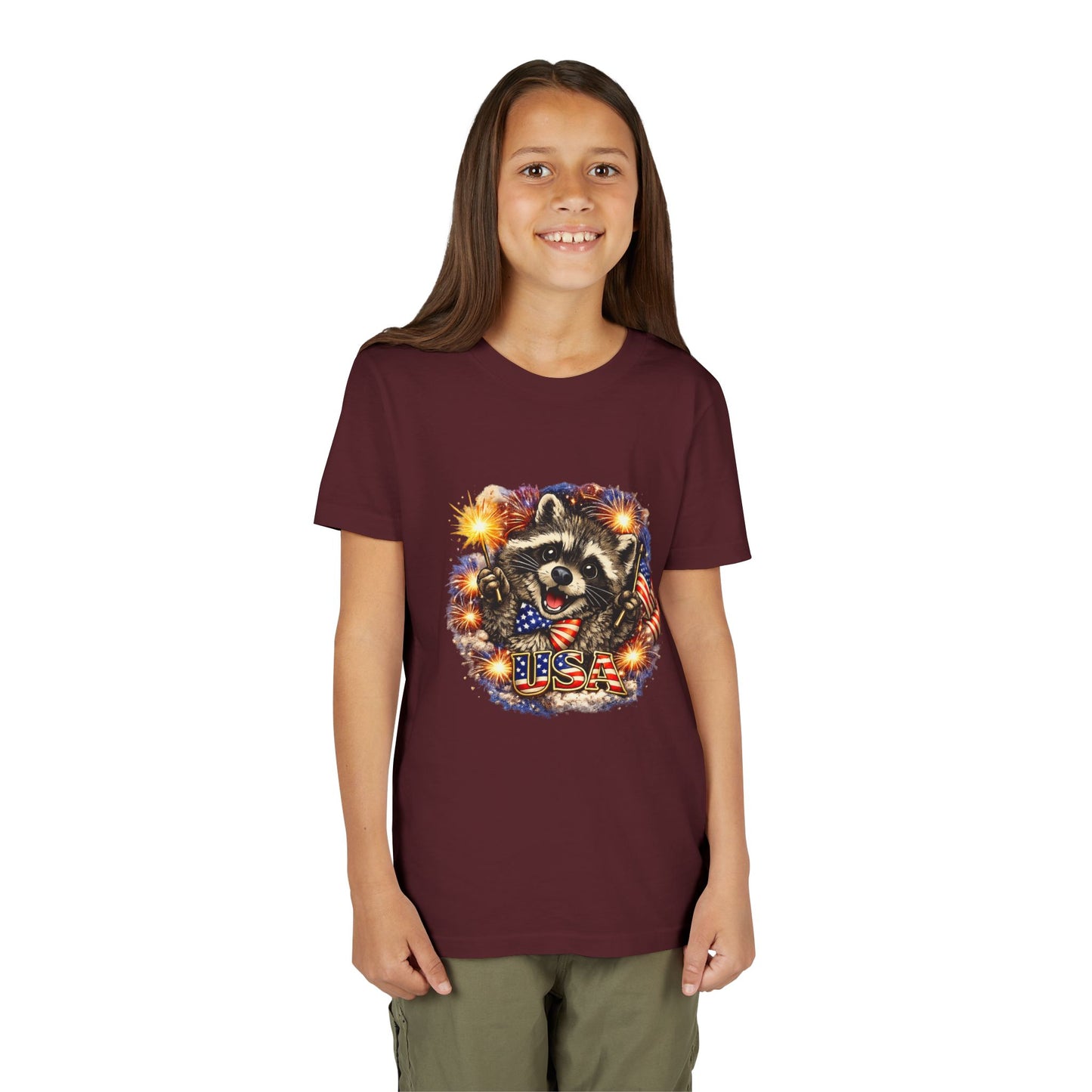 Patriotic Raccoon Youth Tee — Raccoon with American Flag & Fireworks