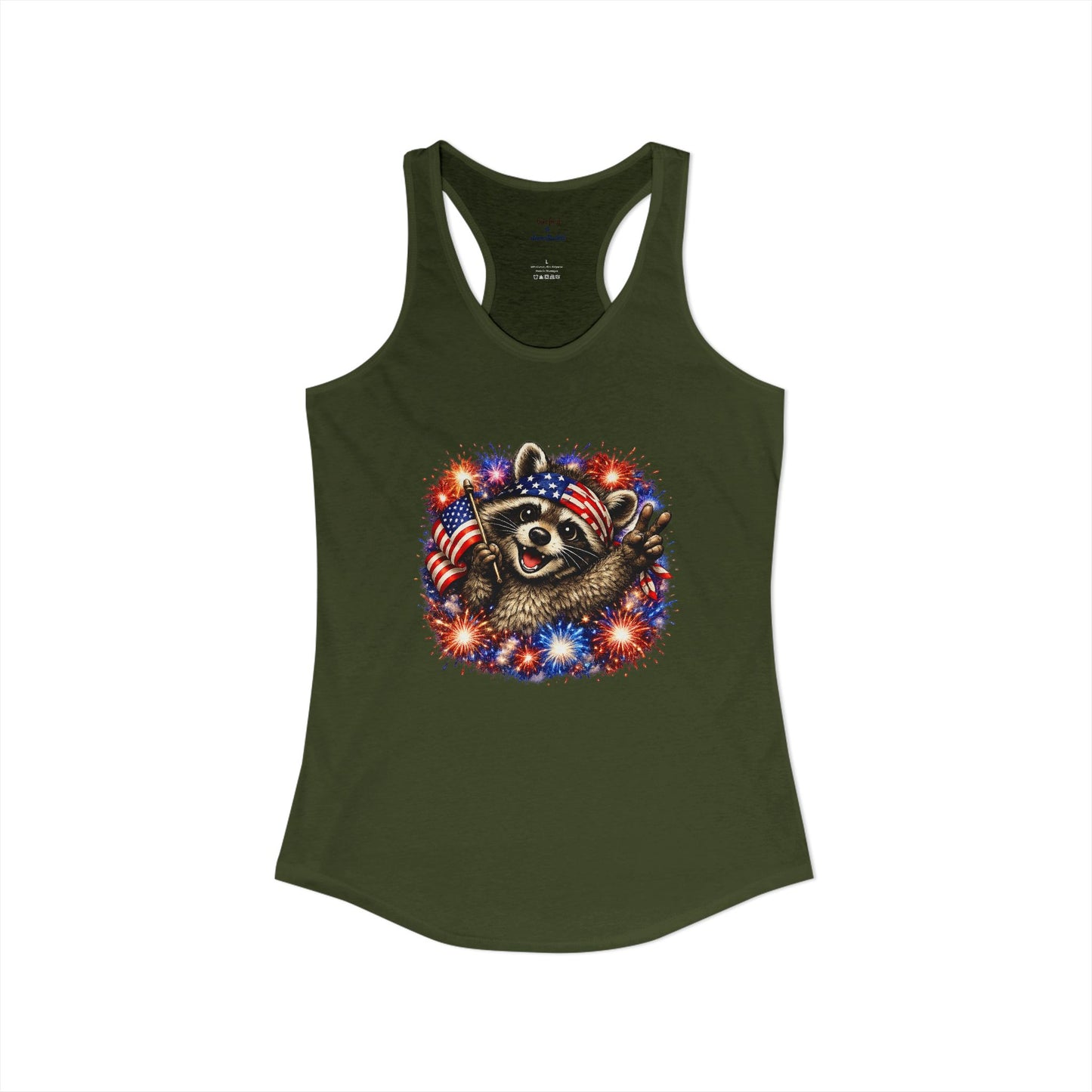 Patriotic Raccoon 4th of July Tank — Raccoon with Flag & Fireworks Racerback Tank