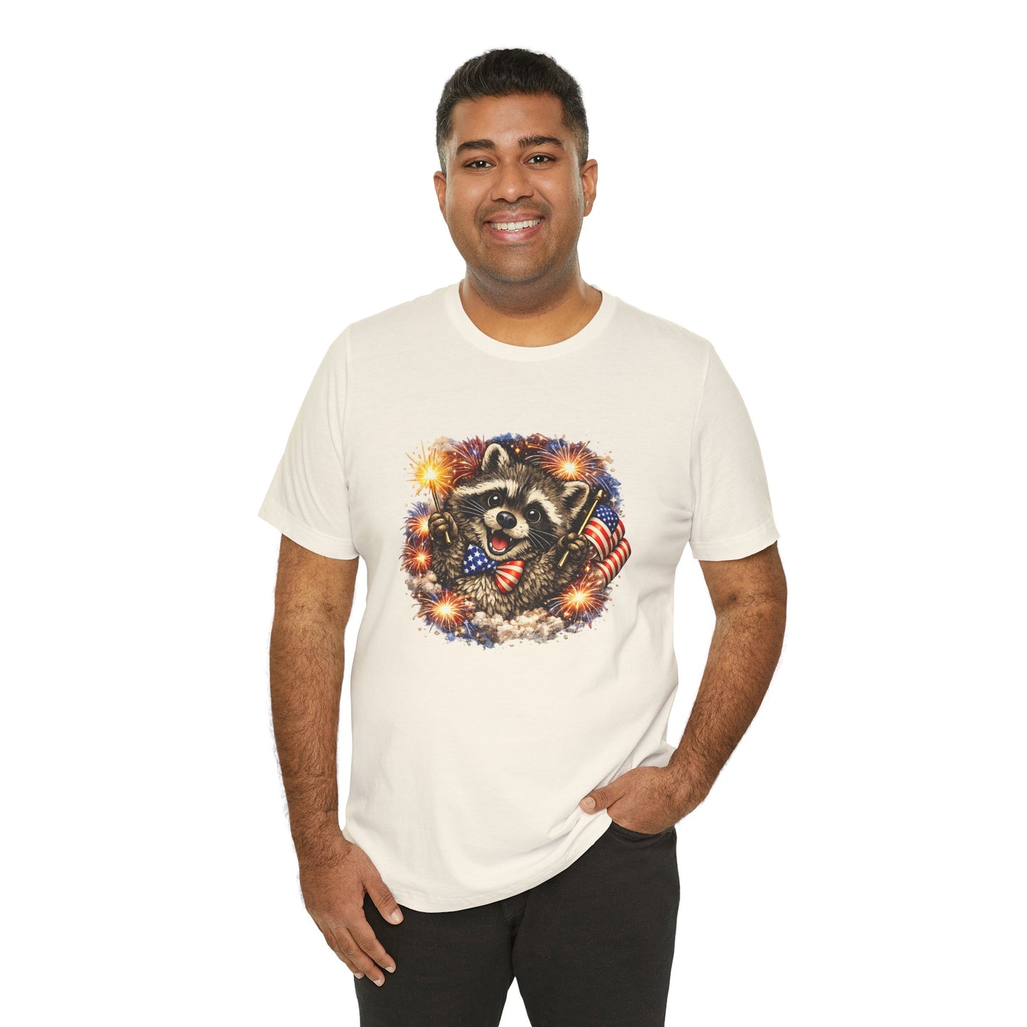 Patriot Raccoon 250th Anniversary T-Shirt — 4th of July Fireworks Flag Tee