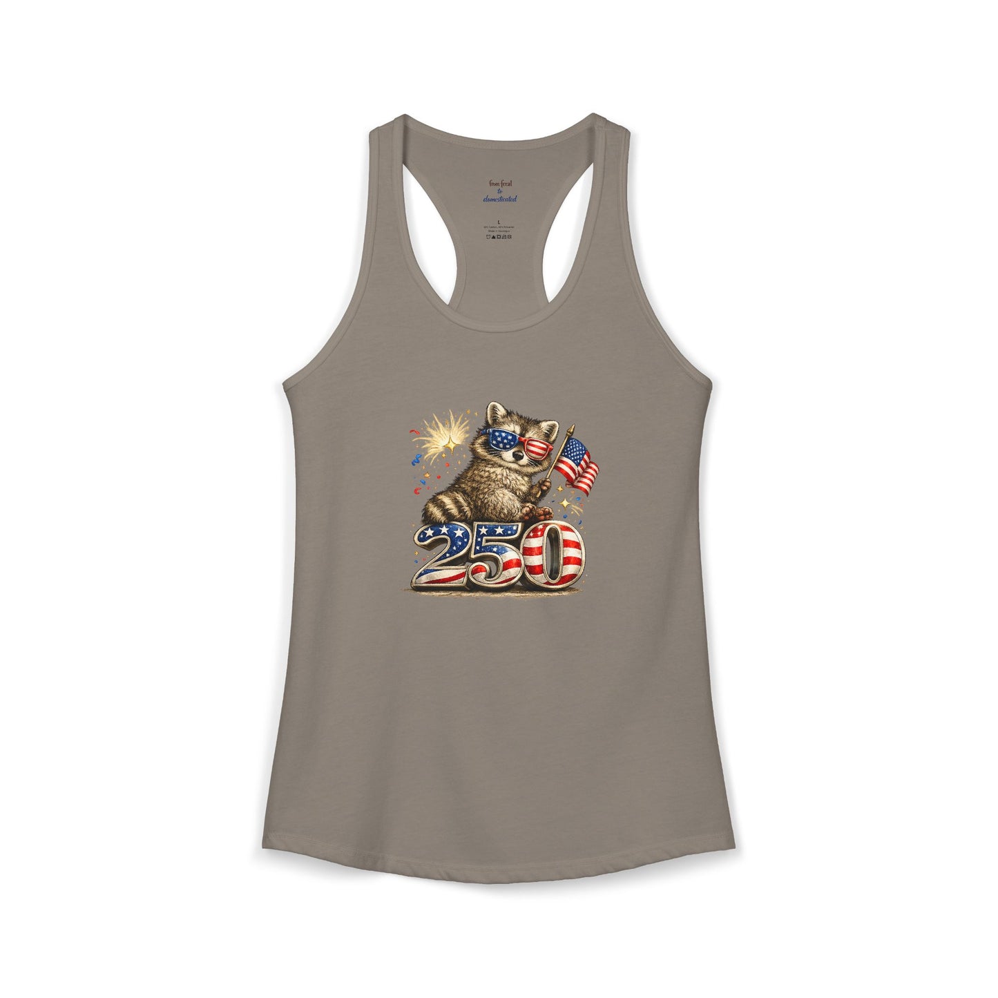 Patriotic Raccoon 4th of July Tank — Raccoon on 250 with Flag & Fireworks Racerback Tank