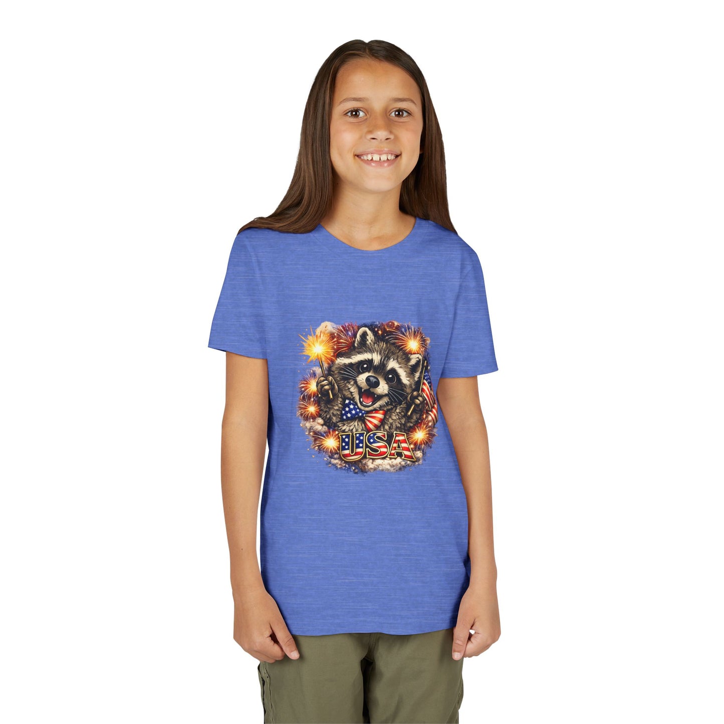 Patriotic Raccoon Youth Tee — Raccoon with American Flag & Fireworks