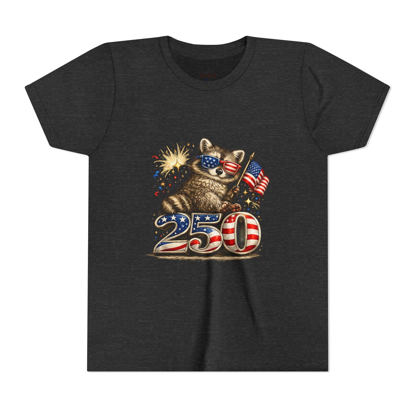 Patriotic Raccoon Youth Tee — Raccoon with American Flag & Fireworks