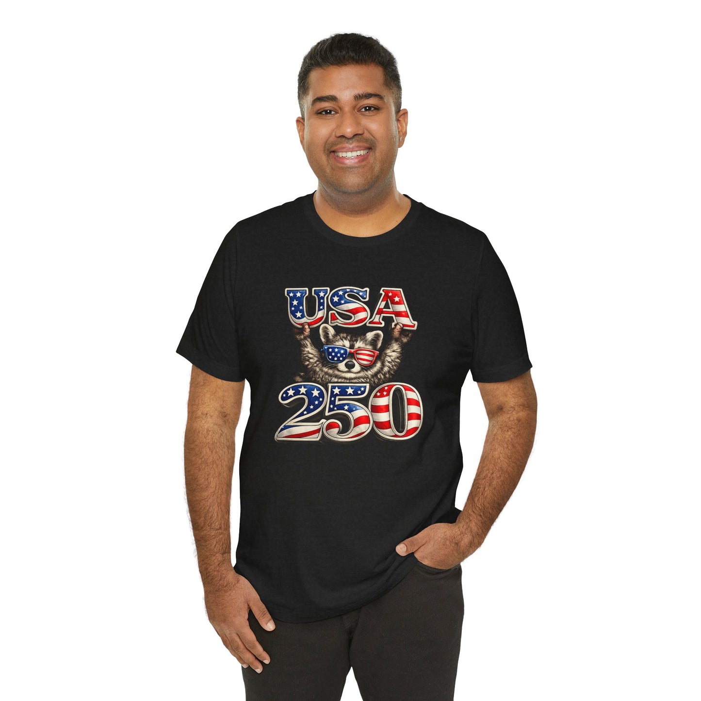 Patriot Raccoon 250th Anniversary T-Shirt — 4th of July Fireworks Flag Tee
