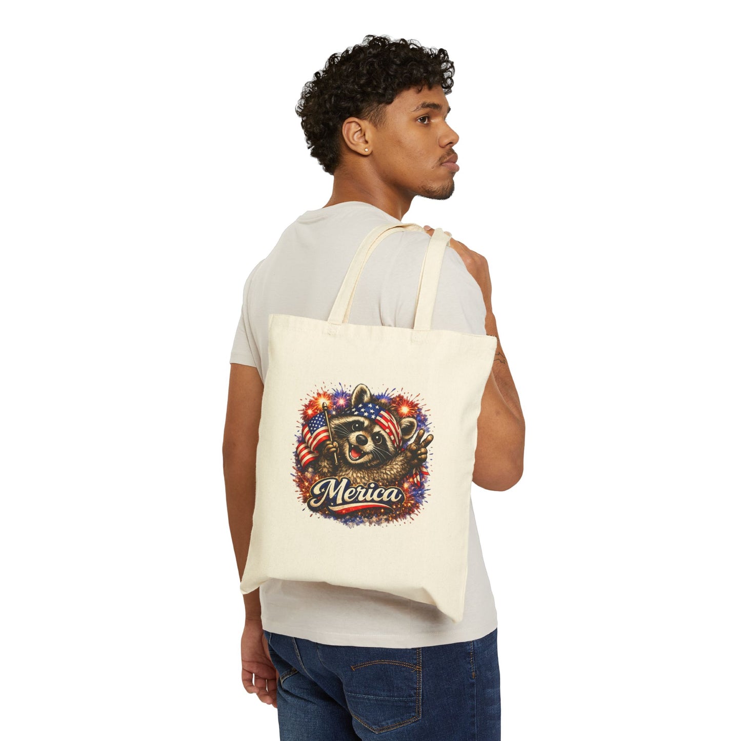 Patriotic Raccoon Fireworks Tote Bag — '250' Canvas Tote for Fourth of July