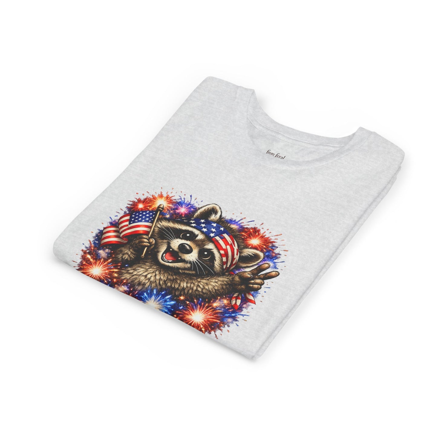 Patriotic Raccoon Youth Tee — Raccoon with American Flag & Fireworks