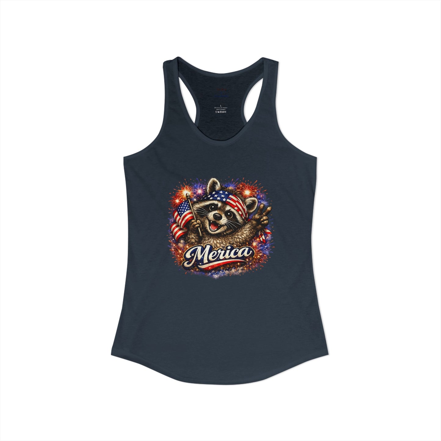 Patriotic Raccoon 4th of July Tank — Raccoon on 250 with Flag & Fireworks Racerback Tank