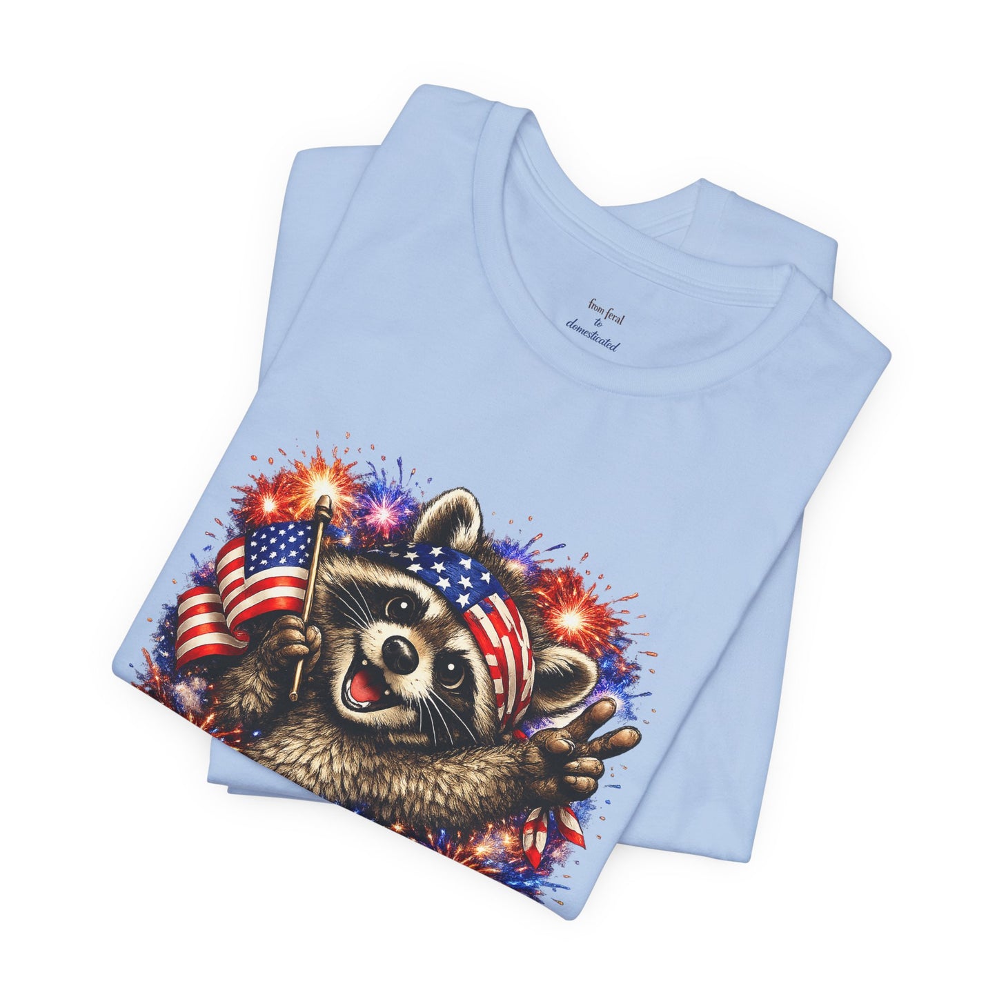 Patriot Raccoon 250th Anniversary T-Shirt — 4th of July Fireworks Flag Tee