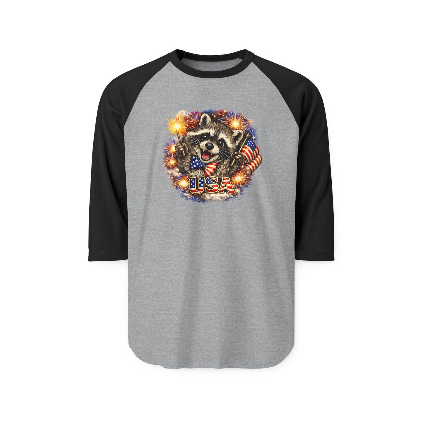 Patriotic Raccoon 250 Raglan Shirt — Fourth of July Fireworks Tee
