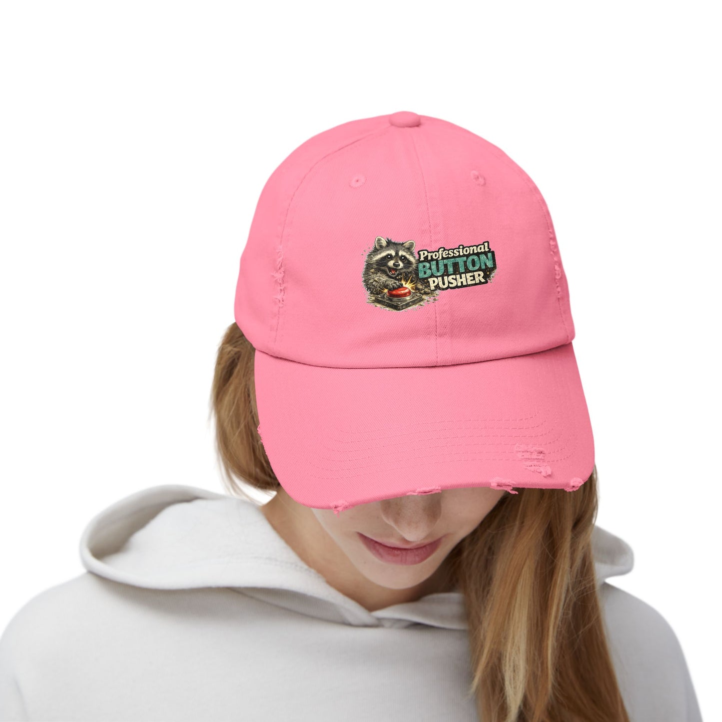 Button Pusher Distressed Cap — Raccoon Mom/Dad Funny Dad Hat