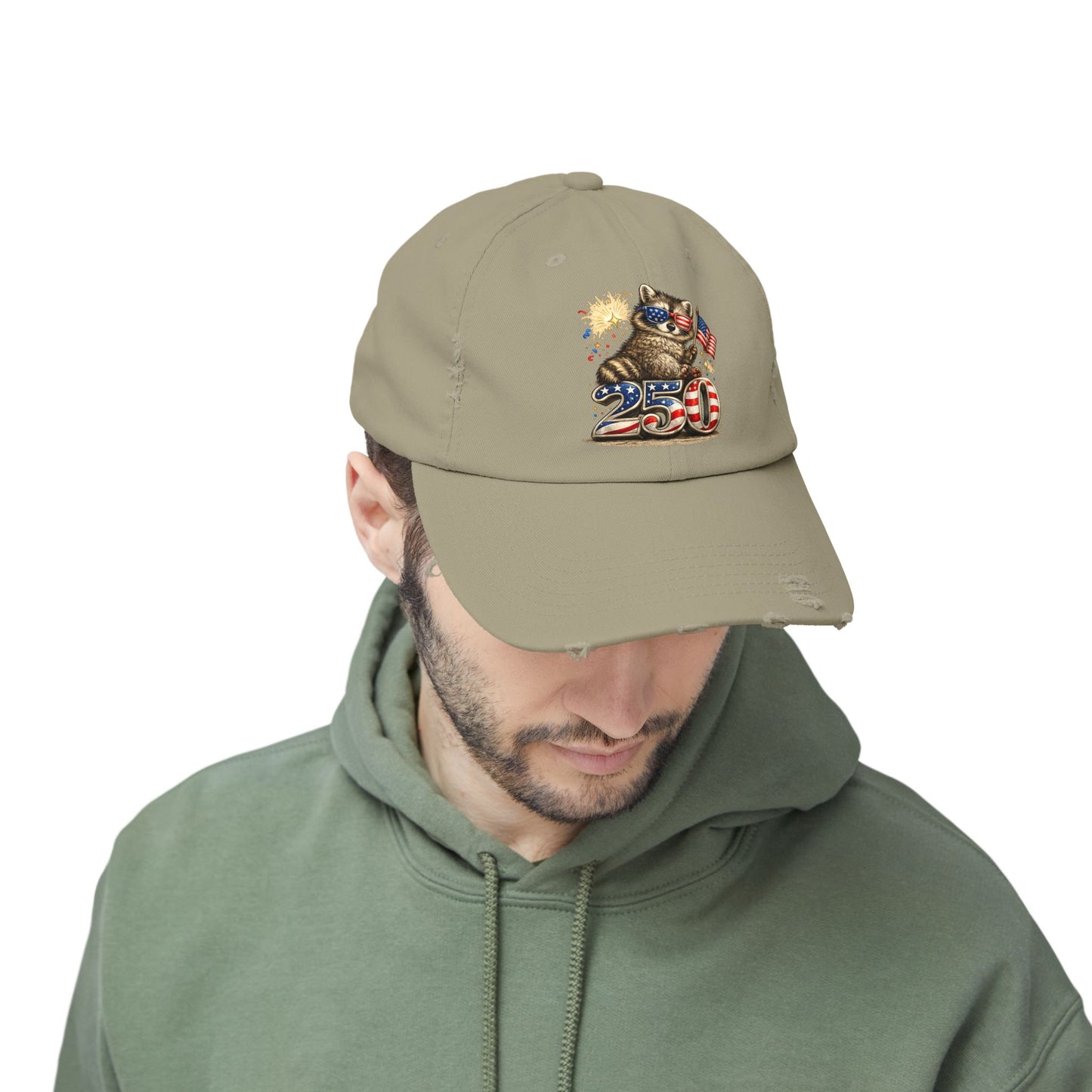 Patriotic Raccoon 250 Cap — Fireworks & Flag Distressed Baseball Hat