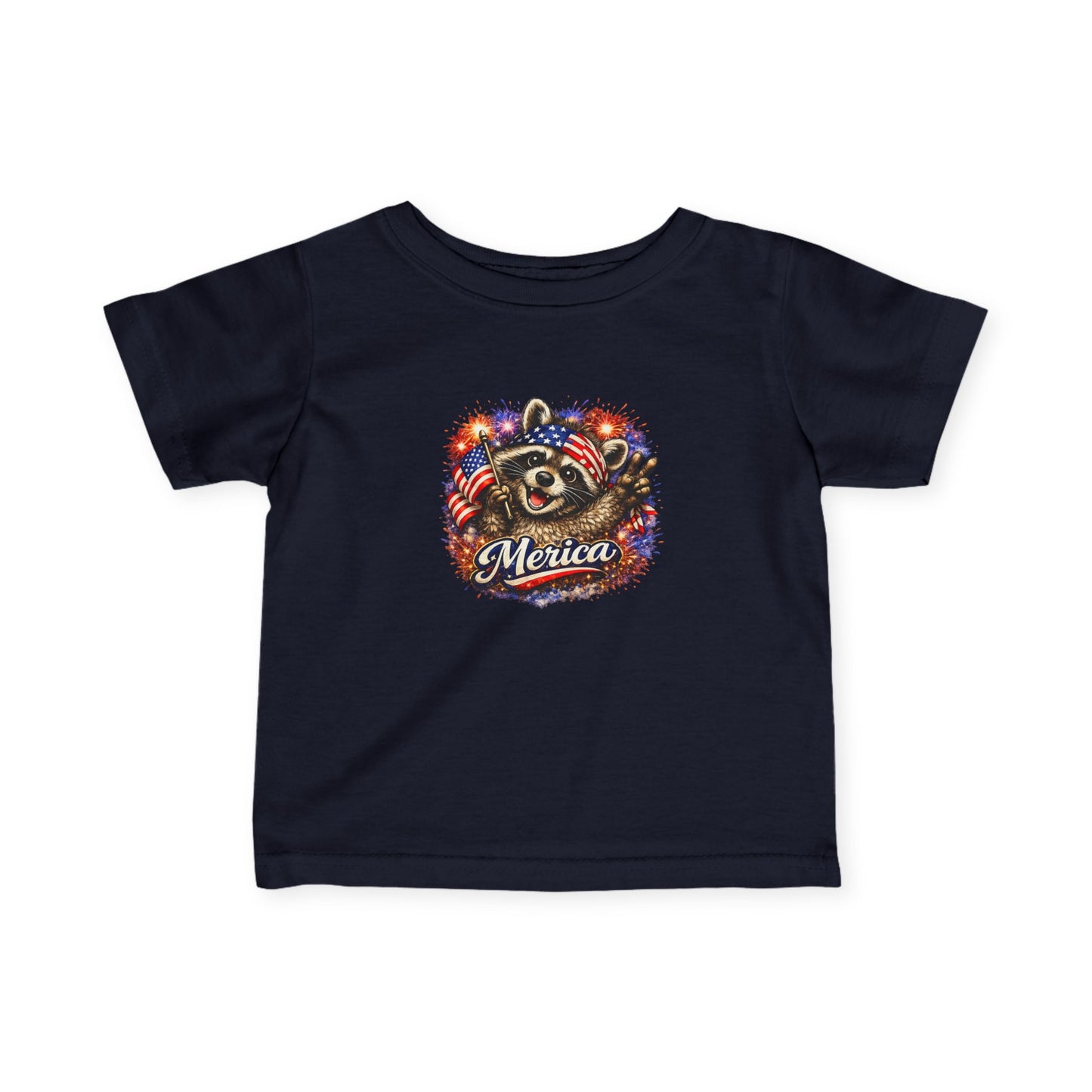 Infant Tee — Adorable Raccoon Holding American Flag "250" — 4th of July Baby Shirt
