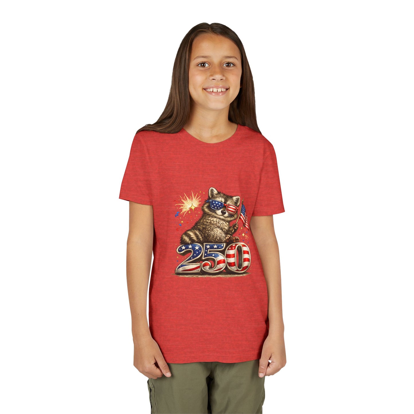 Patriotic Raccoon Youth Tee — Raccoon with American Flag & Fireworks