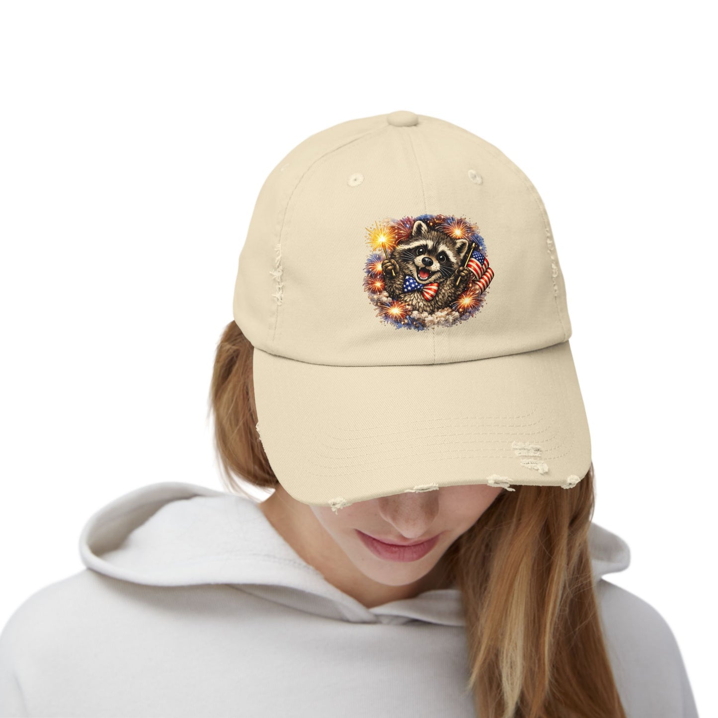 Patriotic Raccoon 250 Cap — Fireworks & Flag Distressed Baseball Hat