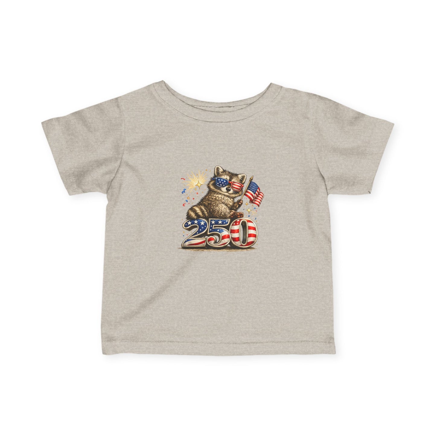 Infant Tee — Adorable Raccoon Holding American Flag "250" — 4th of July Baby Shirt