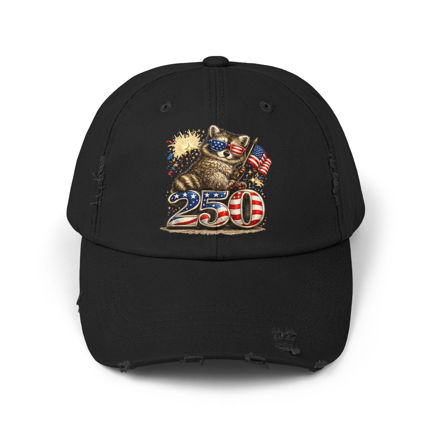 Patriotic Raccoon 250 Cap — Fireworks & Flag Distressed Baseball Hat