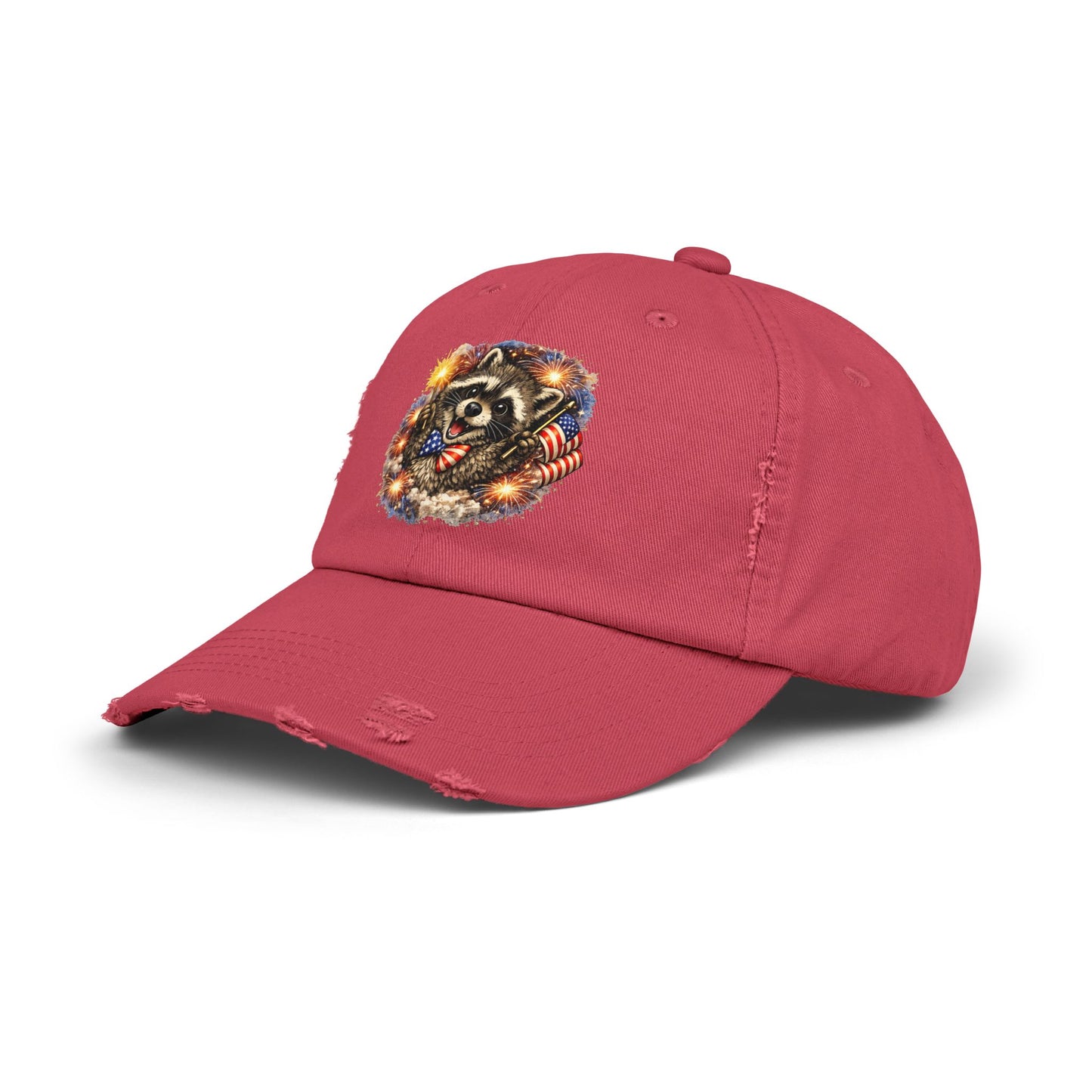 Patriotic Raccoon 250 Cap — Fireworks & Flag Distressed Baseball Hat