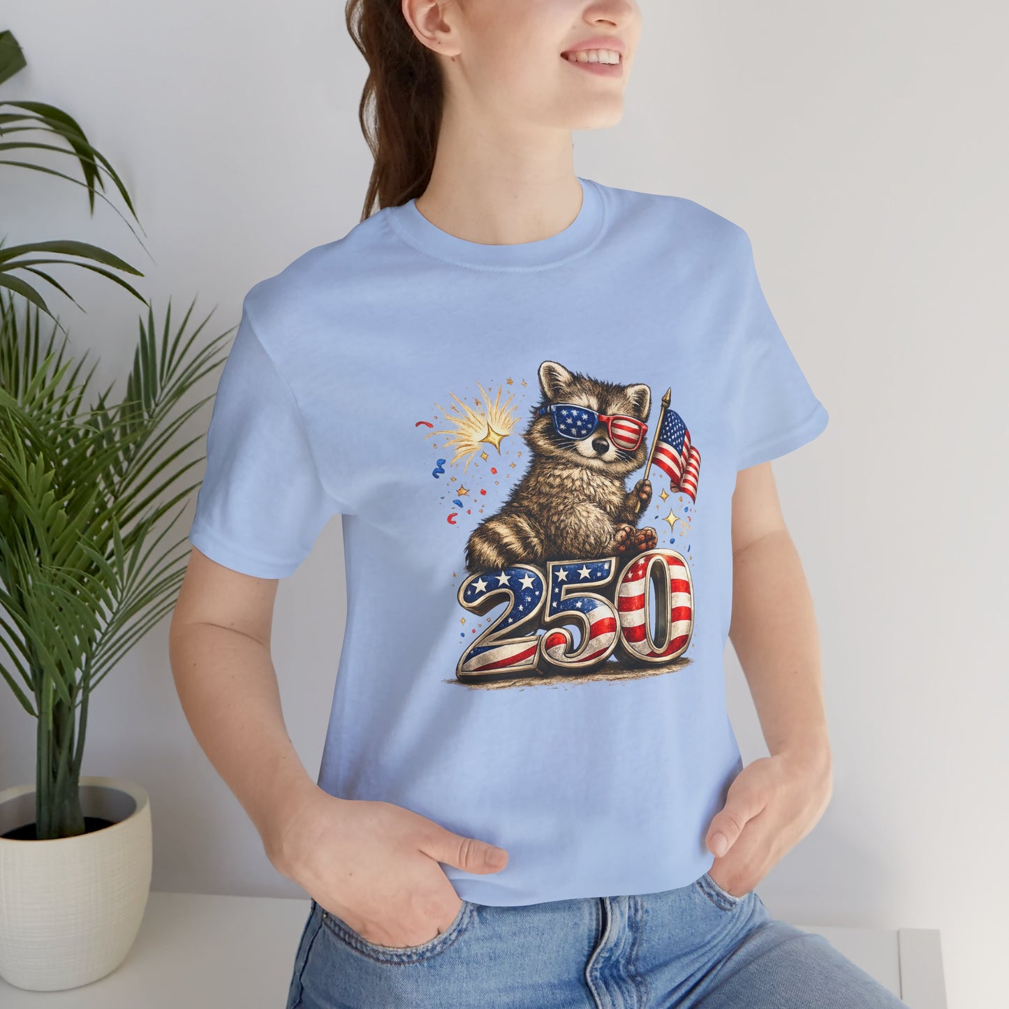 Patriot Raccoon 250th Anniversary T-Shirt — 4th of July Fireworks Flag Tee