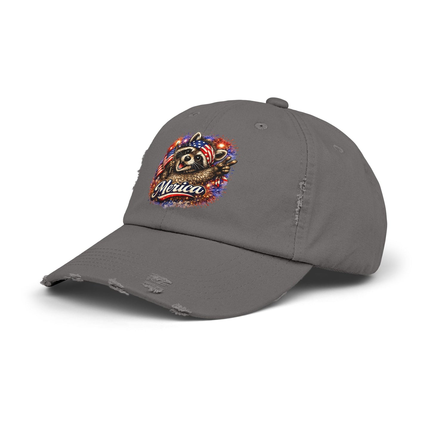 Patriotic Raccoon 250 Cap — Fireworks & Flag Distressed Baseball Hat