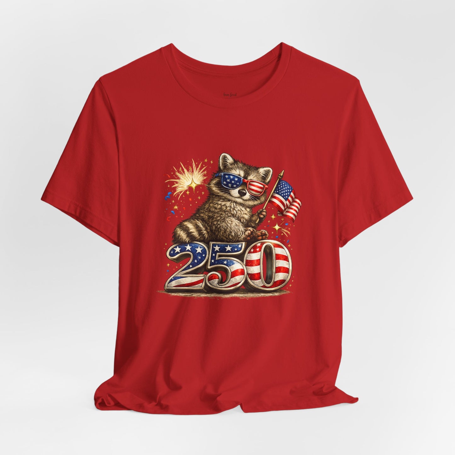 Patriot Raccoon 250th Anniversary T-Shirt — 4th of July Fireworks Flag Tee