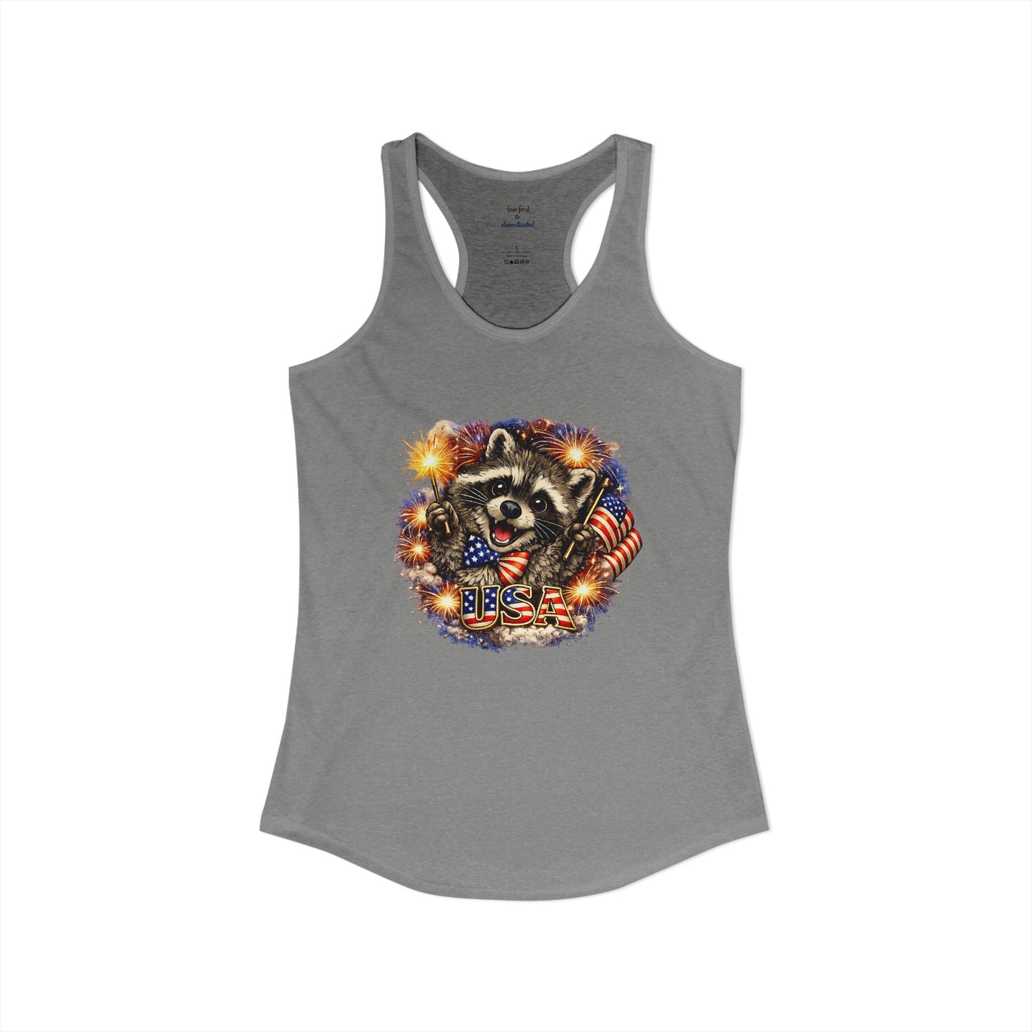 Patriotic Raccoon 4th of July Tank — Raccoon on 250 with Flag & Fireworks Racerback Tank