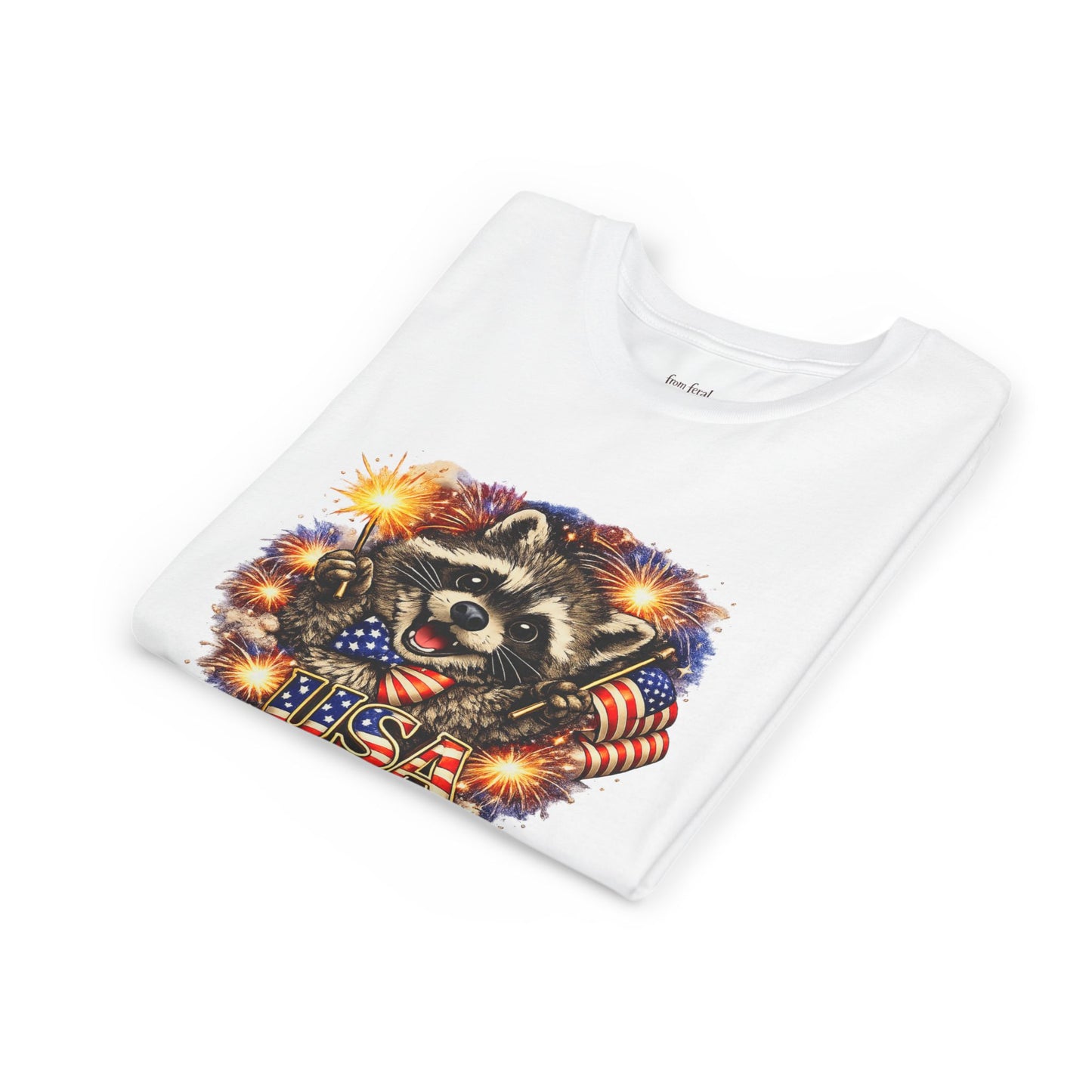 Patriotic Raccoon Youth Tee — Raccoon with American Flag & Fireworks