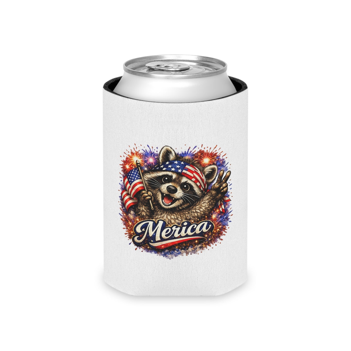 Patriotic Raccoon 250 Can Cooler – USA Flag, 4th of July Drink Koozie