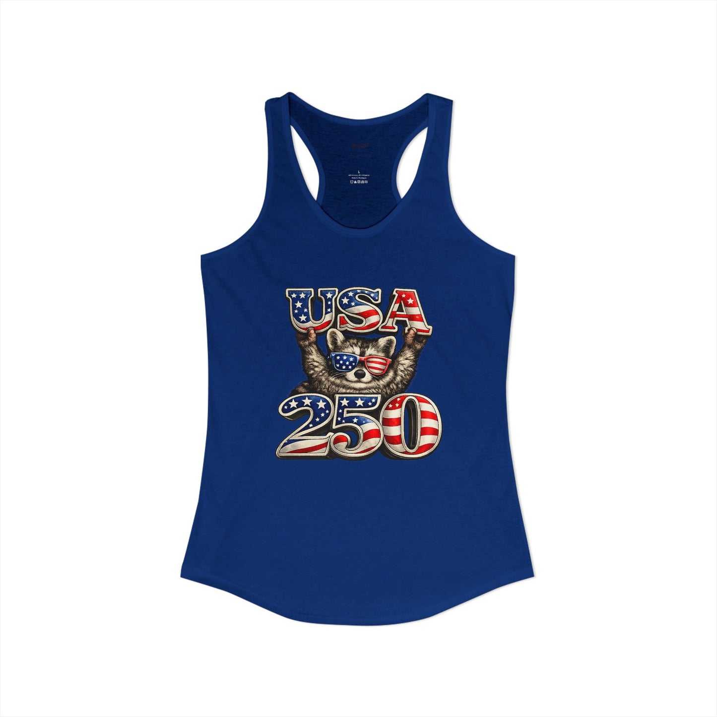 Patriotic Raccoon 4th of July Tank — Raccoon on 250 with Flag & Fireworks Racerback Tank